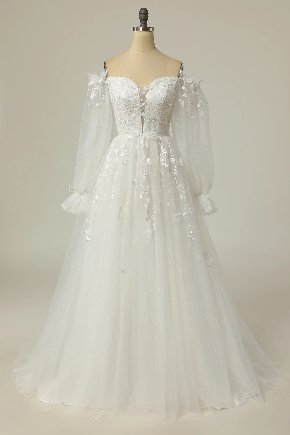 A Line Off the Shoulder Wedding Dresses Tulle Over Lace White Wedding Dress with Appliques