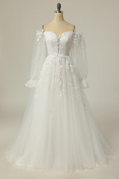A Line Off the Shoulder Wedding Dresses Tulle Over Lace White Wedding Dress with Appliques