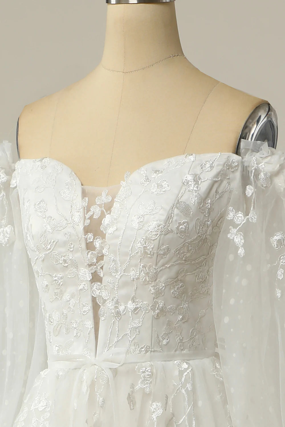 A Line Off the Shoulder Wedding Dresses Tulle Over Lace White Wedding Dress with Appliques