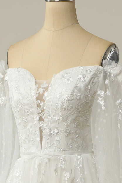 A Line Off the Shoulder Wedding Dresses Tulle Over Lace White Wedding Dress with Appliques