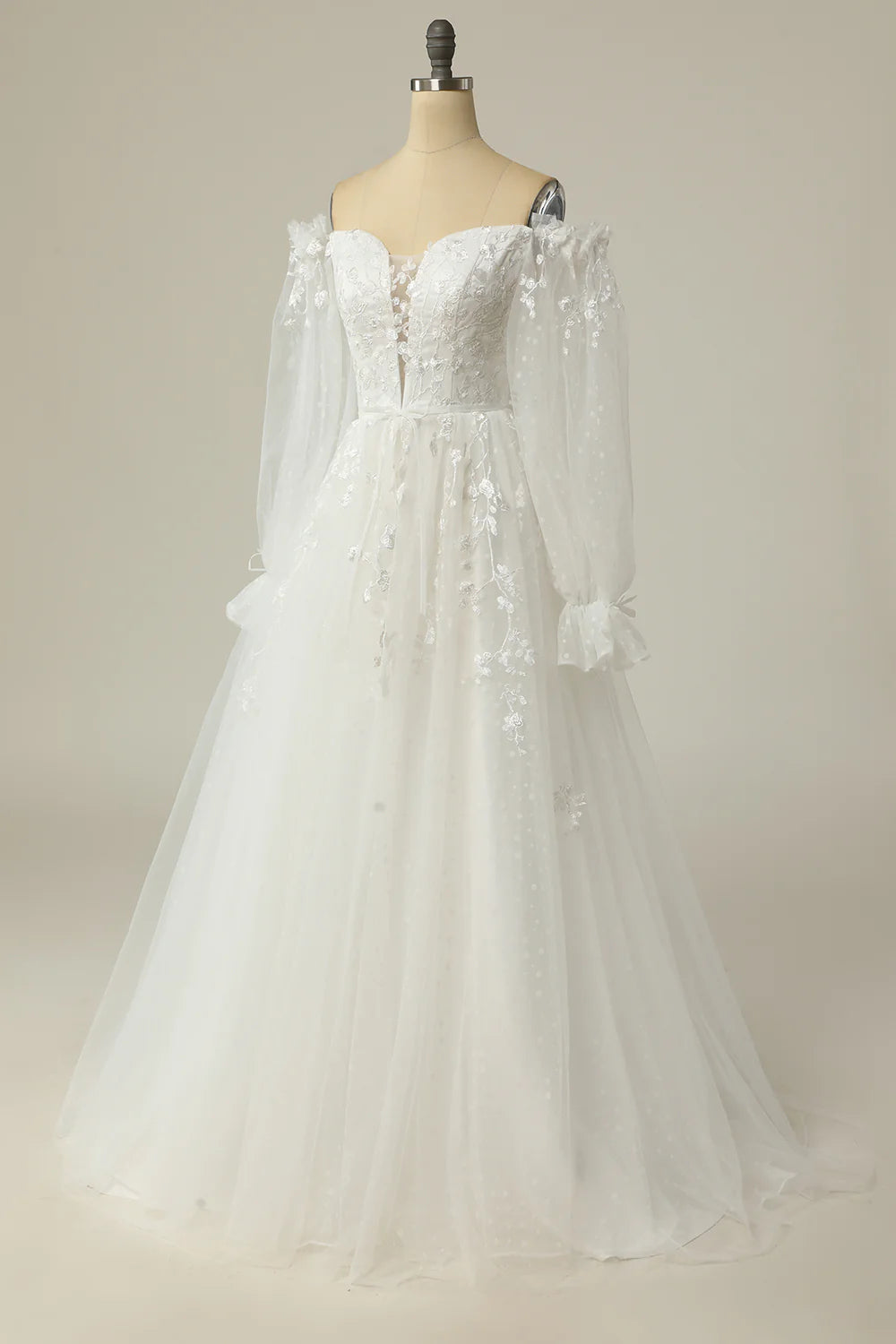 A Line Off the Shoulder Wedding Dresses Tulle Over Lace White Wedding Dress with Appliques