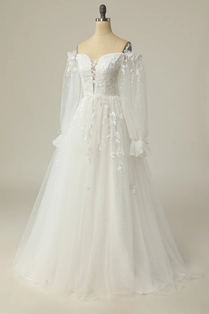 A Line Off the Shoulder Wedding Dresses Tulle Over Lace White Wedding Dress with Appliques