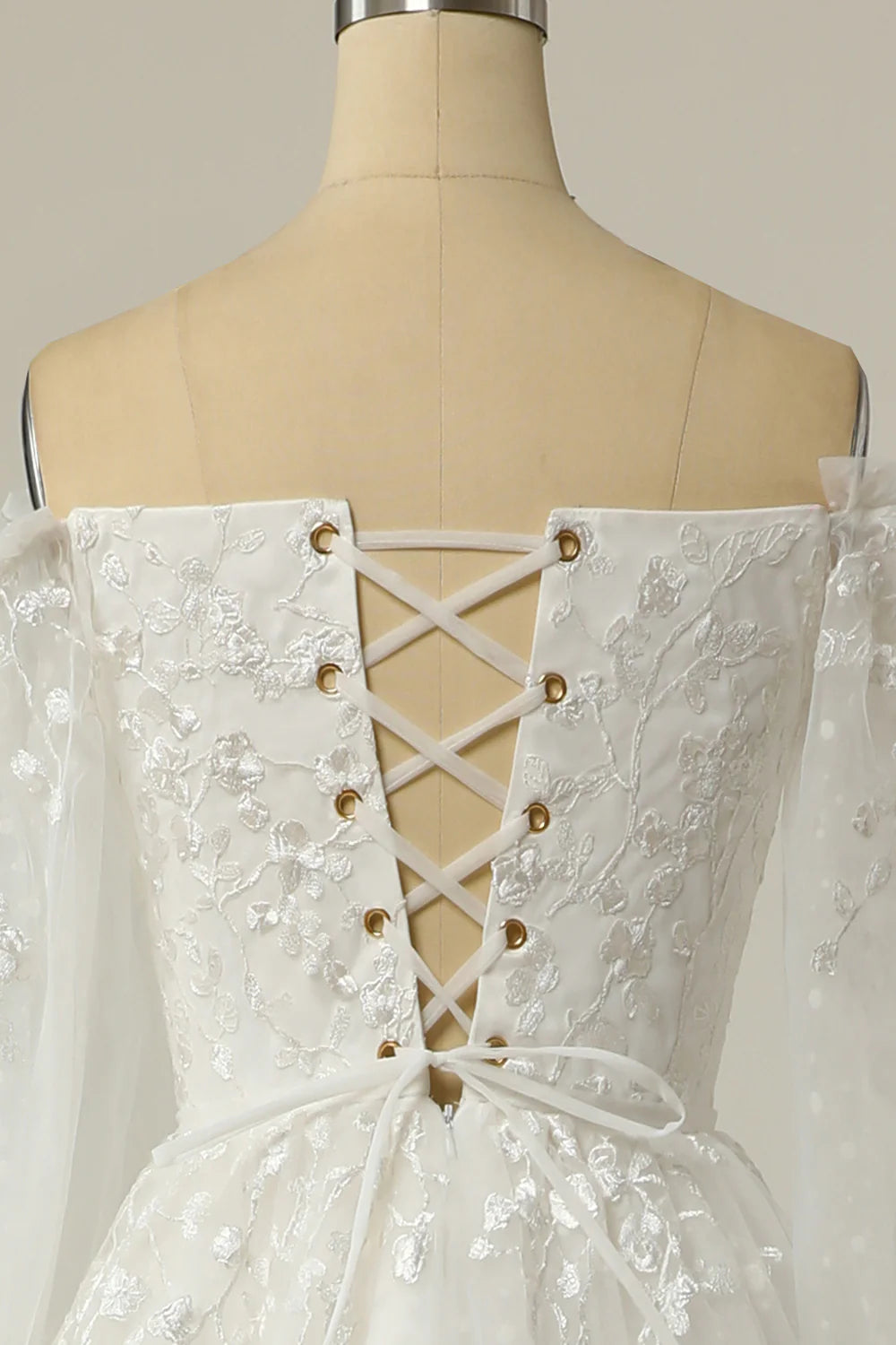 A Line Off the Shoulder Wedding Dresses Tulle Over Lace White Wedding Dress with Appliques