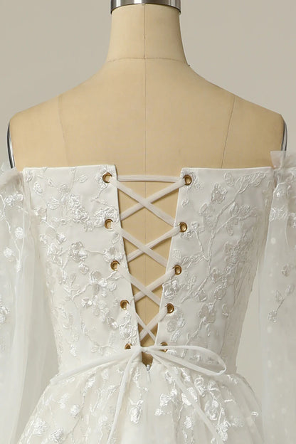 A Line Off the Shoulder Wedding Dresses Tulle Over Lace White Wedding Dress with Appliques
