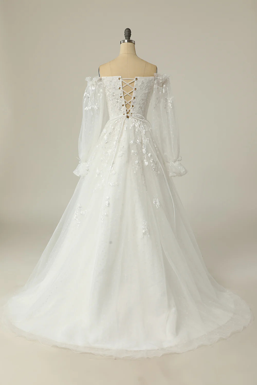 A Line Off the Shoulder Wedding Dresses Tulle Over Lace White Wedding Dress with Appliques