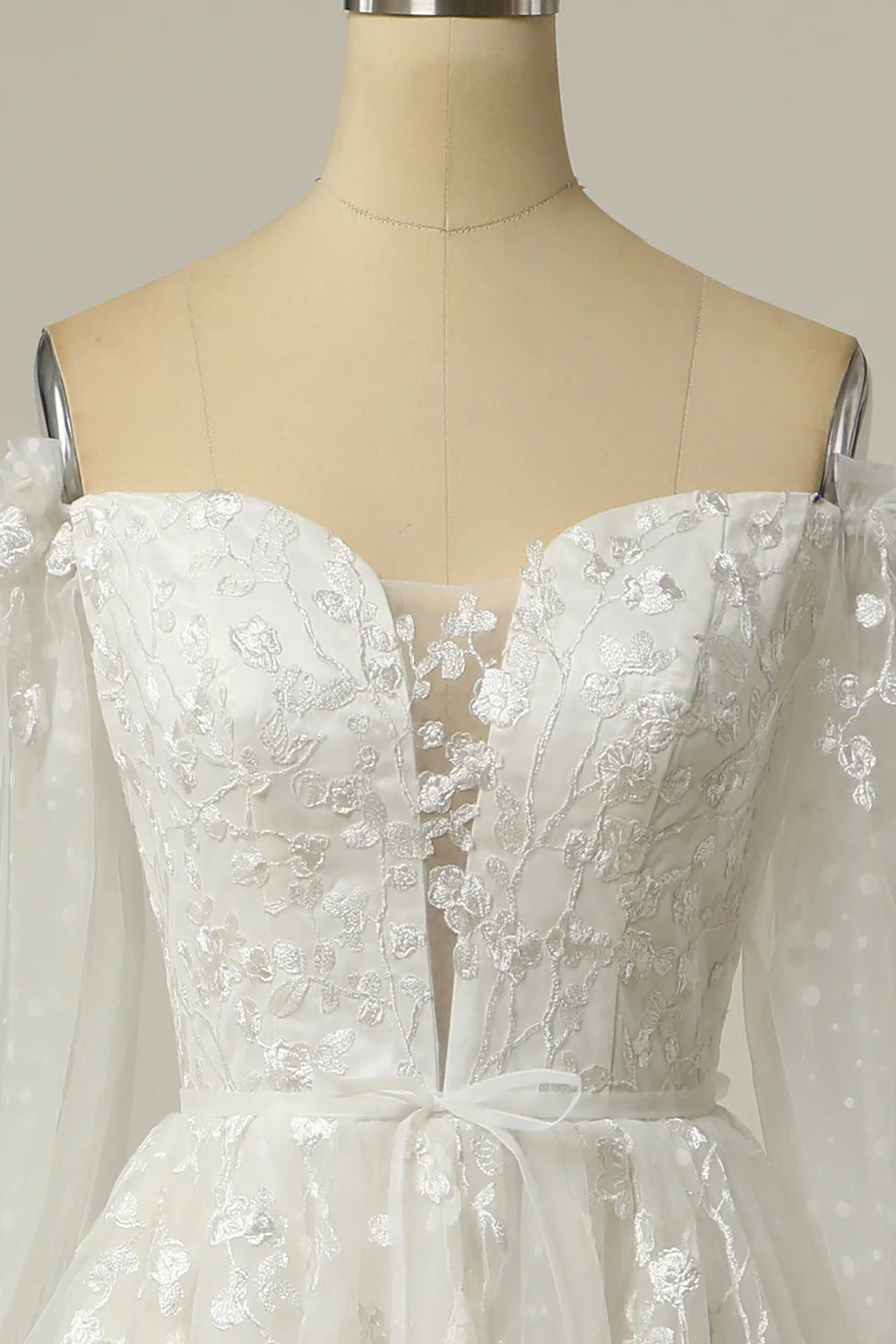 A Line Off the Shoulder Wedding Dresses Tulle Over Lace White Wedding Dress with Appliques