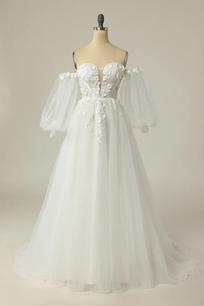 A Line Off the Shoulder Ivory Bridal Dress with Long Sleeves Tulle Over Lace Romantic Illusion Detail Backless with Ruffles Appliques