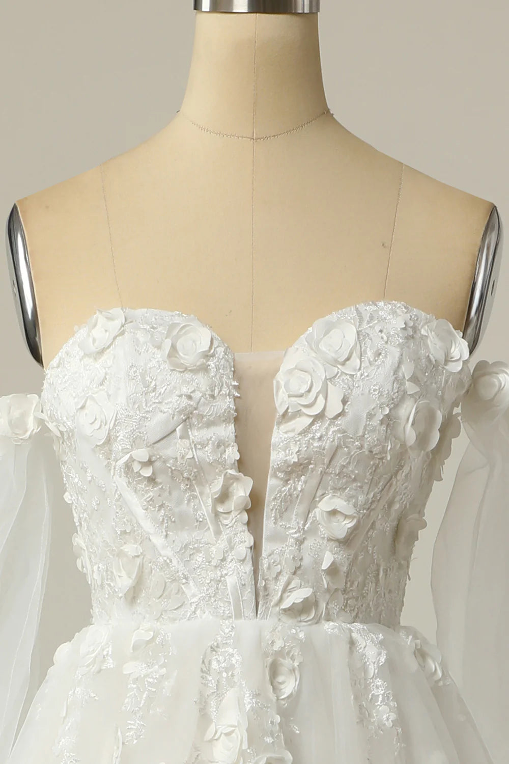 A Line Off the Shoulder Ivory Bridal Dress with Long Sleeves Tulle Over Lace Romantic Illusion Detail Backless with Ruffles Appliques
