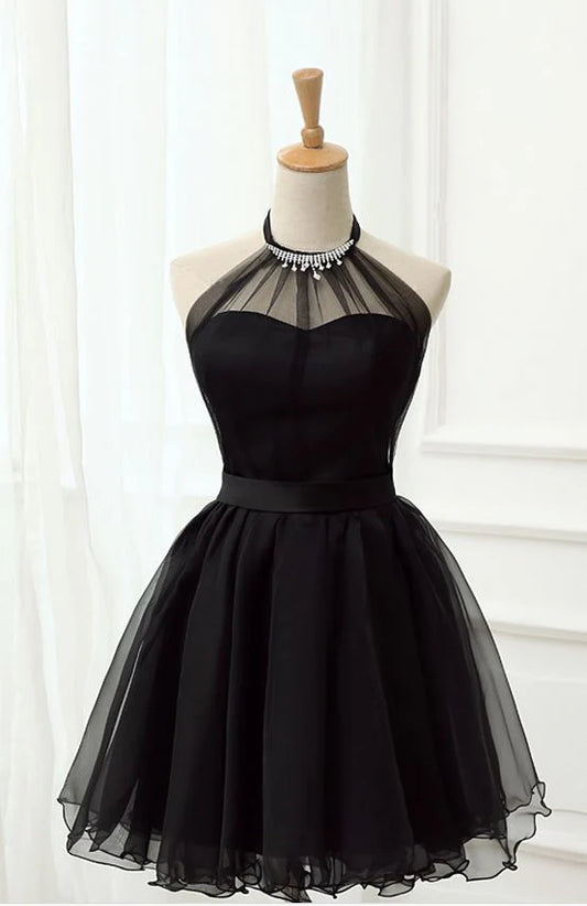 A Line Halter Black Tulle Short Homecoming Dresses Prom Dress