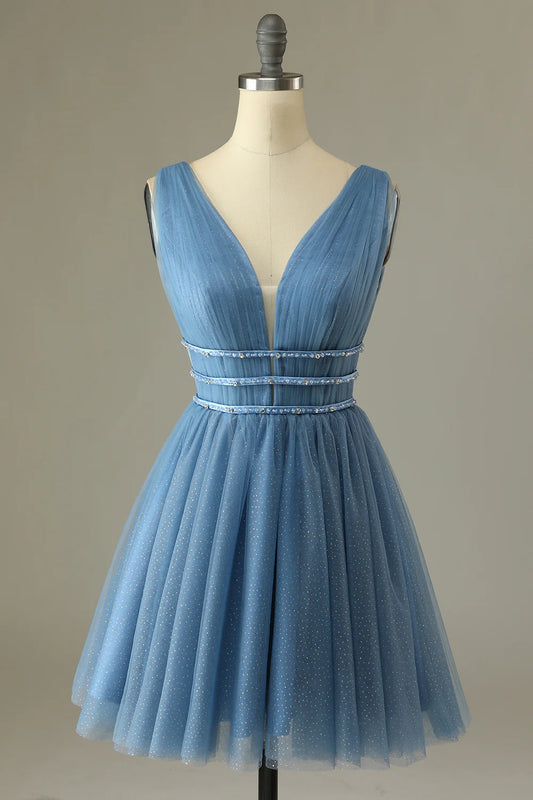 A Line Low V Neck Glitter Grey Blue Tulle Short Prom Dress