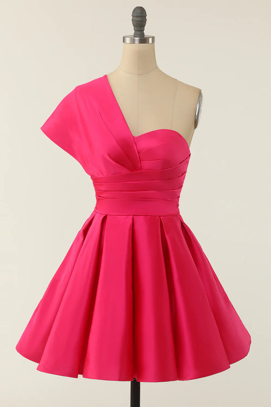 A Line Fuchsia One Shoulder Short Mini Cocktail Dress
