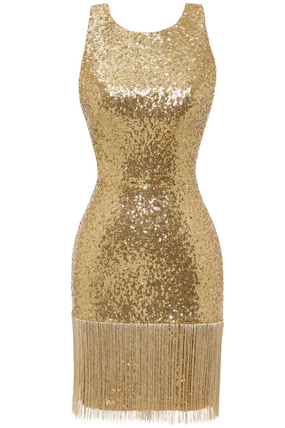 Scoop Neck Bodycon Golden Sequins Open Back Cocktail Dress