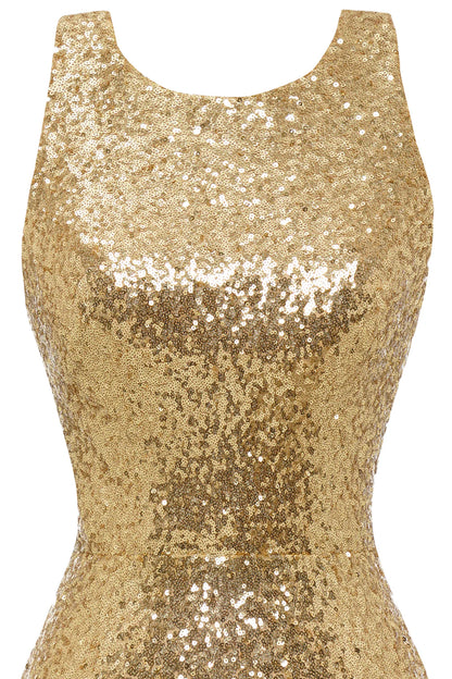 Scoop Neck Bodycon Golden Sequins Open Back Cocktail Dress