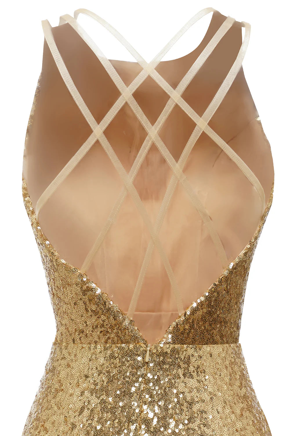 Scoop Neck Bodycon Golden Sequins Open Back Cocktail Dress