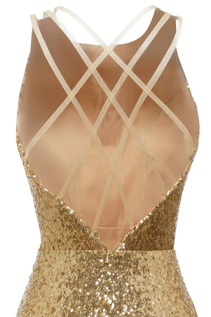 Scoop Neck Bodycon Golden Sequins Open Back Cocktail Dress