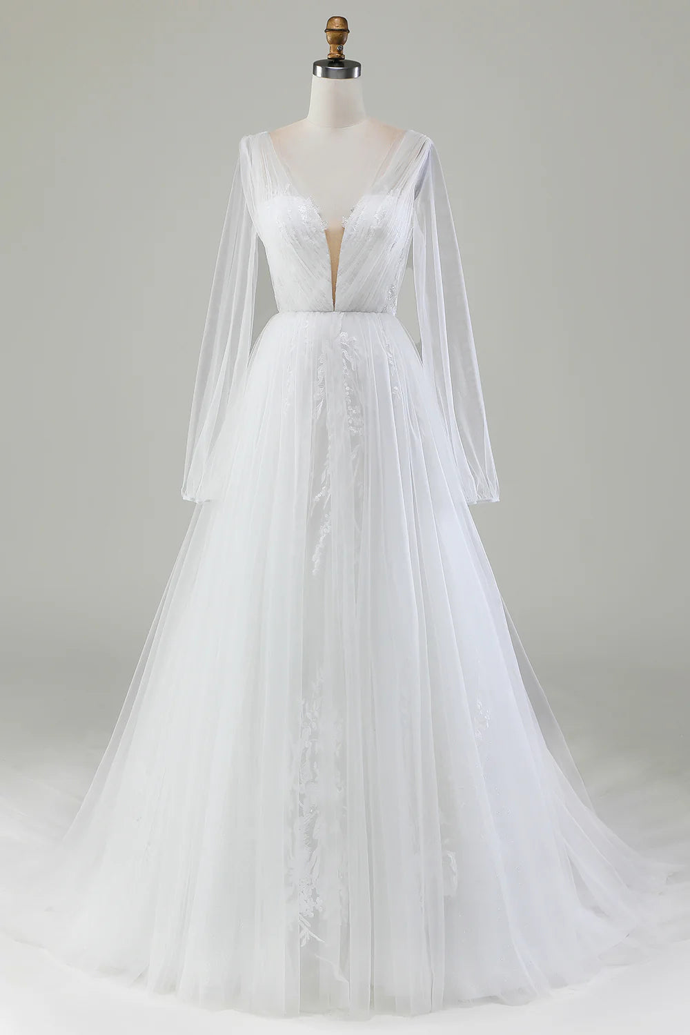 A-Line V-Neck Pleated Tulle Sweep / Brush Train Wedding Dress With Long Sleeves