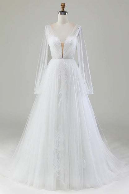 A-Line V-Neck Pleated Tulle Sweep / Brush Train Wedding Dress With Long Sleeves