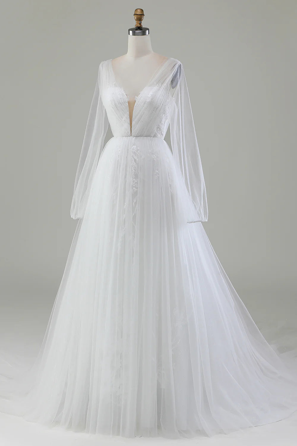 A-Line V-Neck Pleated Tulle Sweep / Brush Train Wedding Dress With Long Sleeves