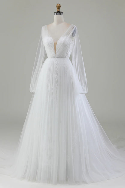 A-Line V-Neck Pleated Tulle Sweep / Brush Train Wedding Dress With Long Sleeves