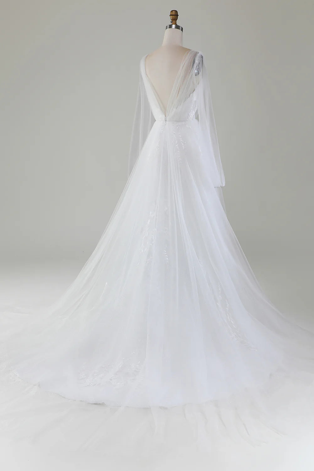 A-Line V-Neck Pleated Tulle Sweep / Brush Train Wedding Dress With Long Sleeves