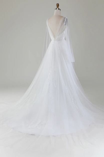 A-Line V-Neck Pleated Tulle Sweep / Brush Train Wedding Dress With Long Sleeves