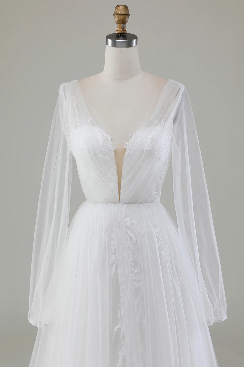 A-Line V-Neck Pleated Tulle Sweep / Brush Train Wedding Dress With Long Sleeves