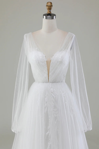 A-Line V-Neck Pleated Tulle Sweep / Brush Train Wedding Dress With Long Sleeves