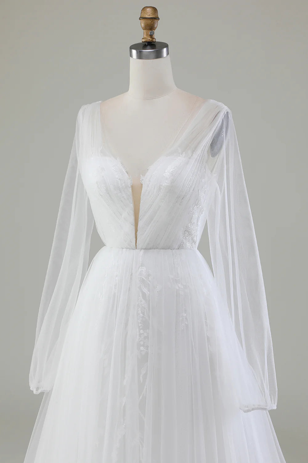 A-Line V-Neck Pleated Tulle Sweep / Brush Train Wedding Dress With Long Sleeves