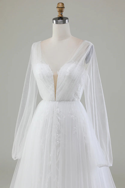 A-Line V-Neck Pleated Tulle Sweep / Brush Train Wedding Dress With Long Sleeves