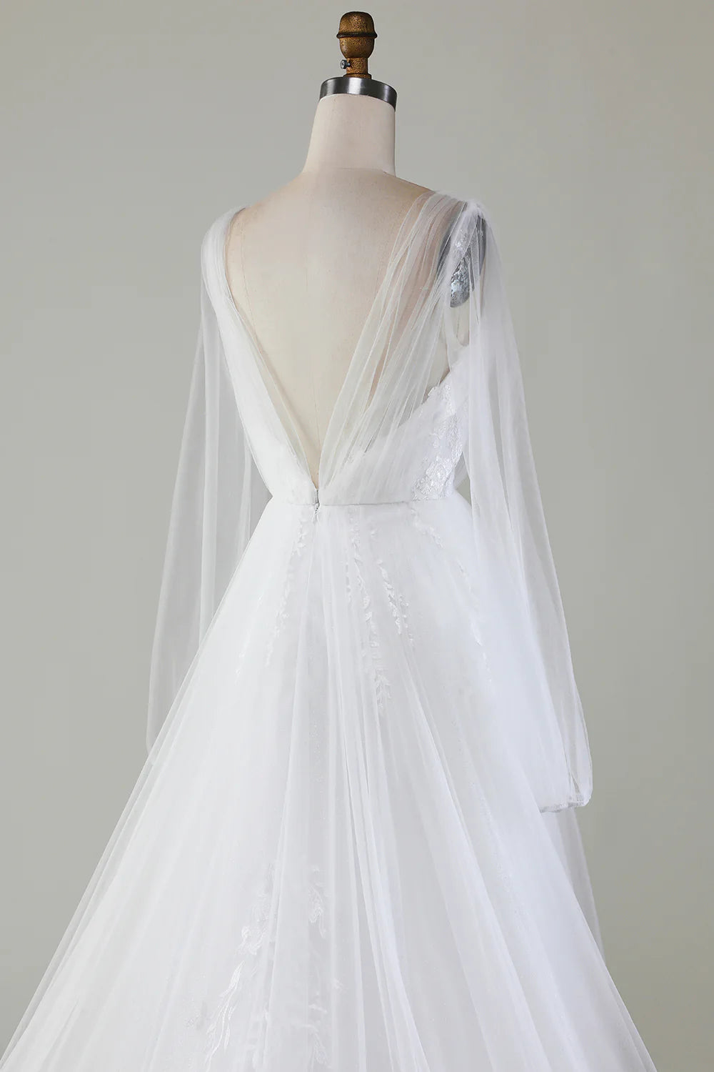 A-Line V-Neck Pleated Tulle Sweep / Brush Train Wedding Dress With Long Sleeves