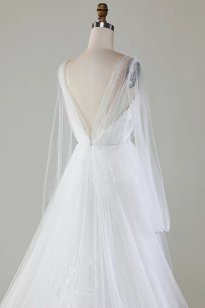 A-Line V-Neck Pleated Tulle Sweep / Brush Train Wedding Dress With Long Sleeves