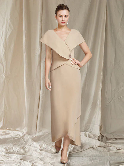 Mother of the Bride Dress Elegant V Neck Asymmetrical Ankle Length Chiffon Short Sleeve with Ruffles Crystal Brooch