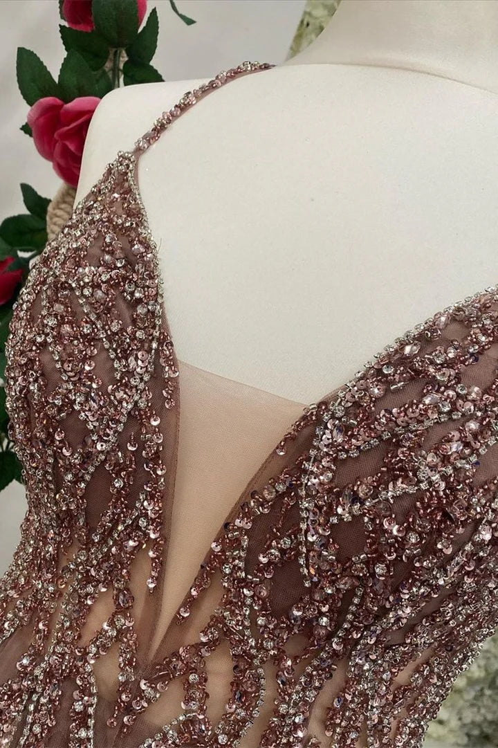 Tulle V-Neck Backless Beaded Long Prom Dress