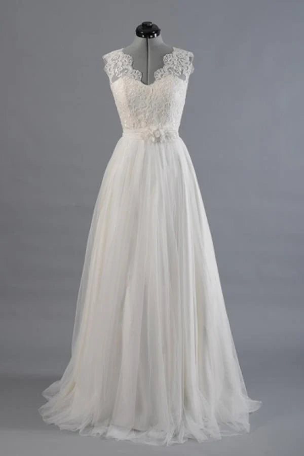 A-line V-Neck Sashes Appliques Beach Wedding Dress
