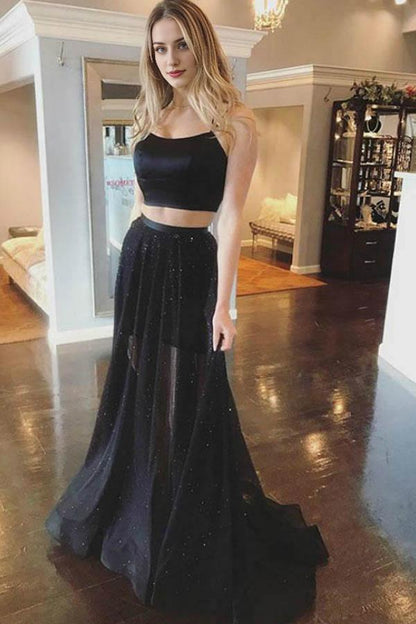 Two Pieces Sweep/Brush Train Dresses Spaghetti Straps Cross Back Long Prom Dress
