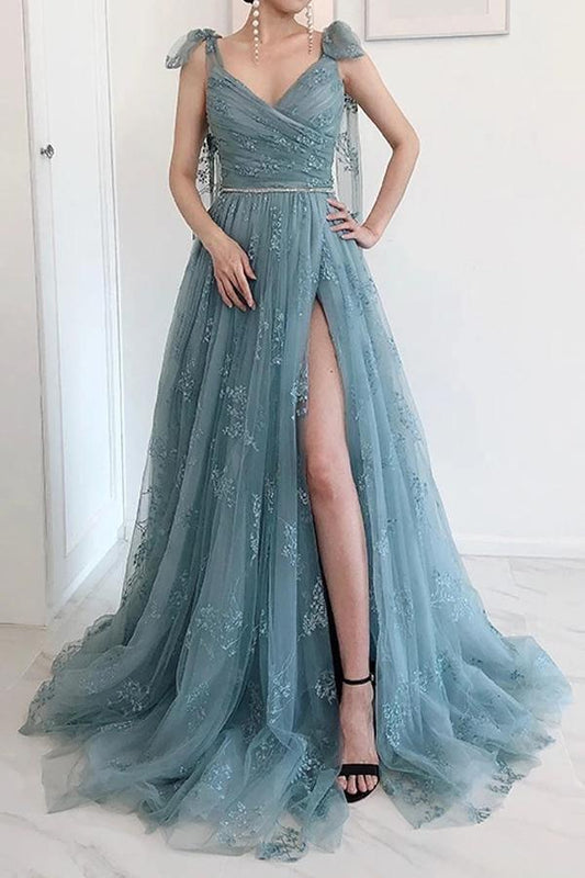 A-line Tie Straps Party Dress Lace High Split Prom Dress With Bow