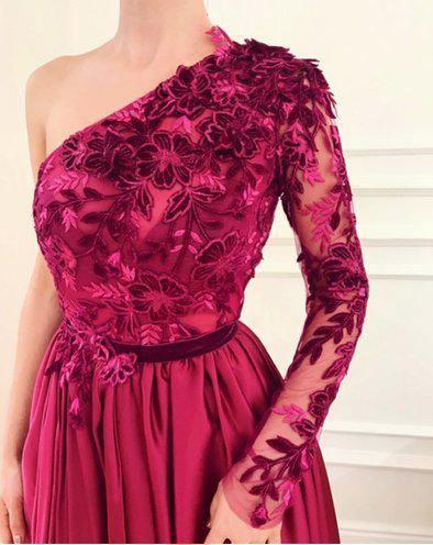 A Line Burgundy One Shoulder Evening Gown  Long Sleeve  Applique  Prom Dresses With Split
