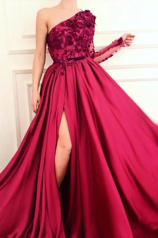 A Line Burgundy One Shoulder Evening Gown  Long Sleeve  Applique  Prom Dresses With Split