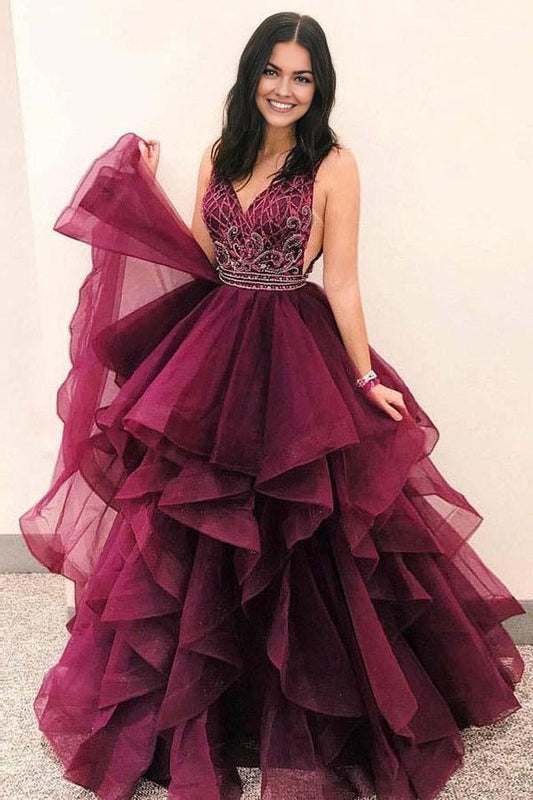 A-Line Deep V-Neck Tiered Burgundy Ruffled Tulle Beaded Prom Dress