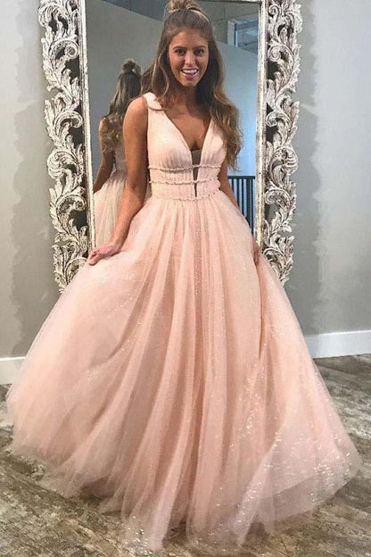 A-Line Deep V-Neck Sweep Brush Train Dresses Pink Tulle Backless Prom Dress with Beading