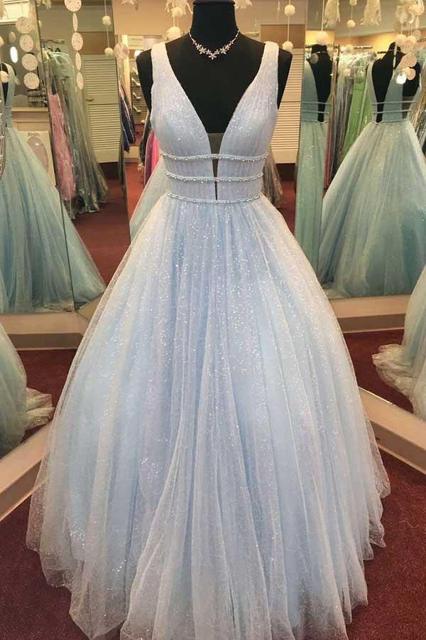 A-Line Deep V-Neck Sweep Brush Train Dresses Pink Tulle Backless Prom Dress with Beading