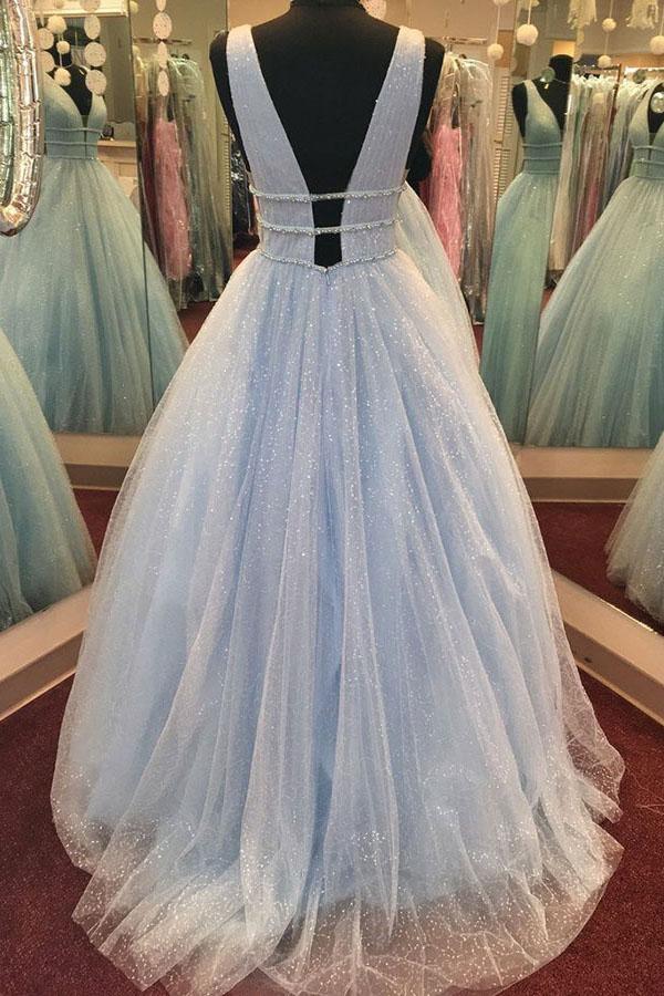 A-Line Deep V-Neck Sweep Brush Train Dresses Pink Tulle Backless Prom Dress with Beading