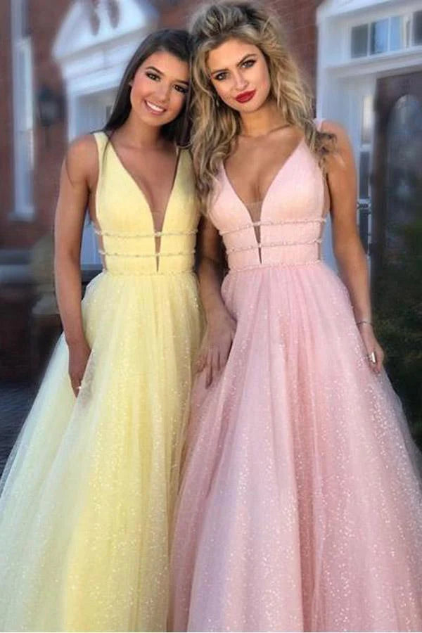 A-Line Deep V-Neck Sweep Brush Train Dresses Pink Tulle Backless Prom Dress with Beading