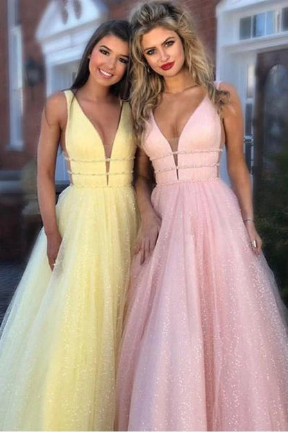 A-Line Deep V-Neck Sweep Brush Train Dresses Pink Tulle Backless Prom Dress with Beading