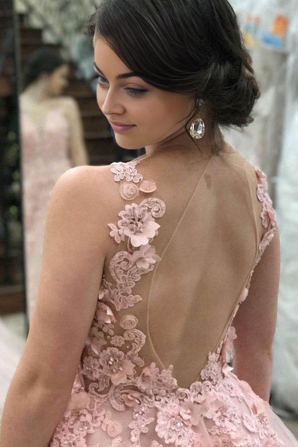 A-Line Low V-Neck Sweep Train Dress Pink Tulle Open Back Prom Dress with Appliques
