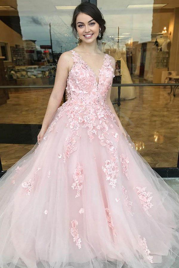 A-Line Low V-Neck Sweep Train Dress Pink Tulle Open Back Prom Dress with Appliques