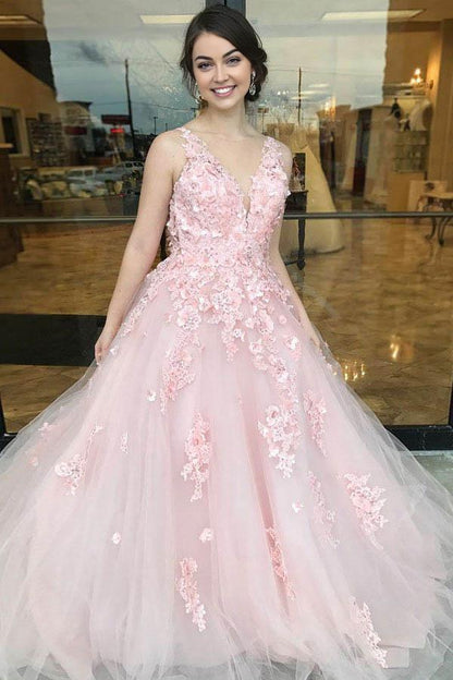 A-Line Low V-Neck Sweep Train Dress Pink Tulle Open Back Prom Dress with Appliques