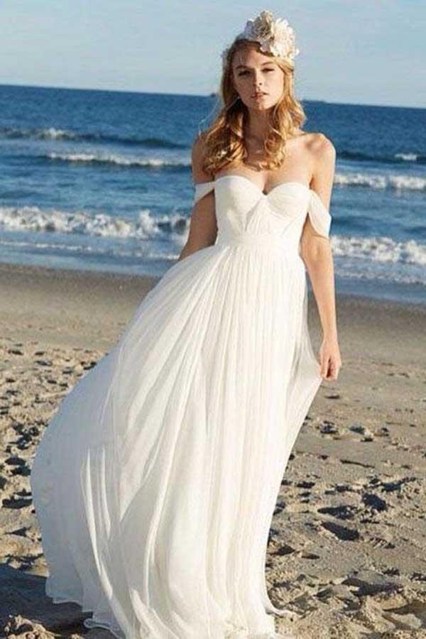 A-line Ivory Chiffon Off the Shoulder Summer Beach Wedding Dresses
