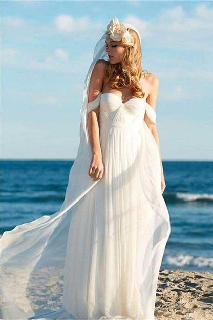 A-line Ivory Chiffon Off the Shoulder Summer Beach Wedding Dresses
