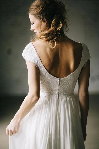 A-Line Ivory Lace Cap Sleeve Vintage Chiffon Wedding Dresses